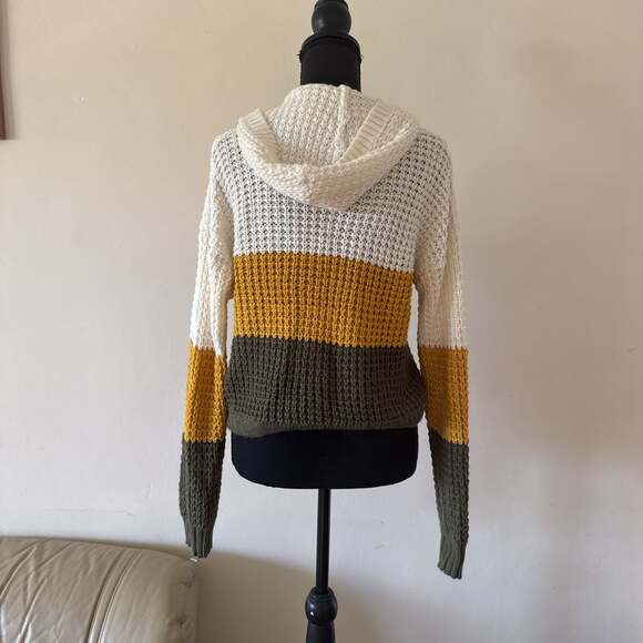 Color Block Striped Knit Hoodie Sweater White Gold Olive Drawstring Hem - Picture 3 of 4